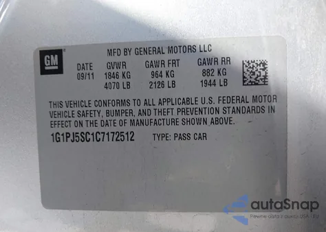 2012 Chevrolet Cruze Eco из США, поврежденный, VIN 1G1PJ5SC1C7172512